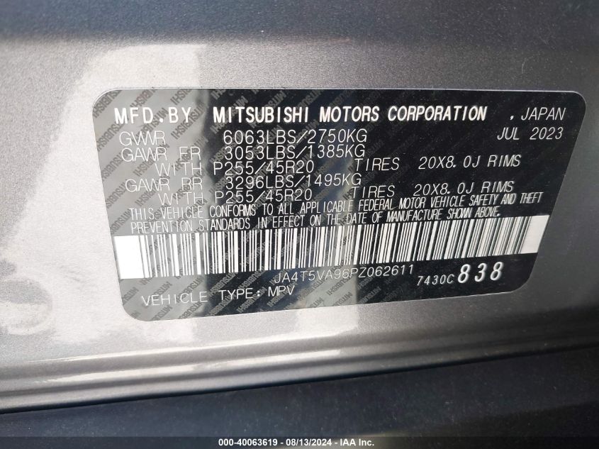 2023 Mitsubishi Outlander Phev Sel S-Awc VIN: JA4T5VA96PZ062611 Lot: 40063619