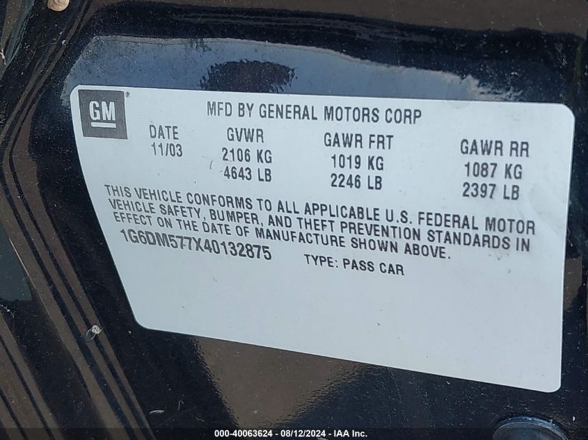 2004 Cadillac Cts VIN: 1G6DM577X40132875 Lot: 40063624