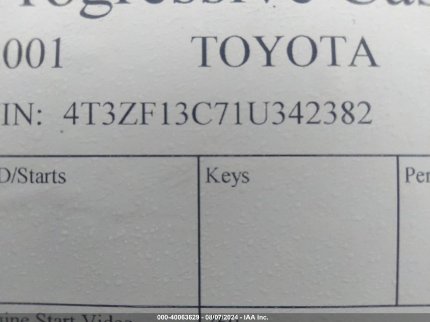 2001 Toyota Sienna Le VIN: 4T3ZF13C71U342382 Lot: 40063629