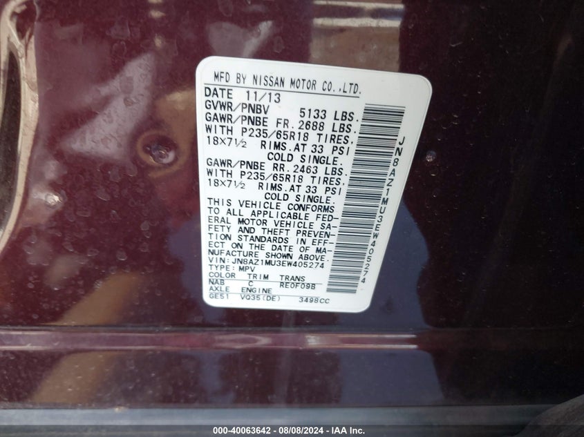 2014 Nissan Murano Le/S/Sl/Sv VIN: JN8AZ1MU3EW405274 Lot: 40063642