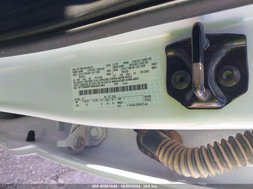 2022 Ford F250 Super Duty VIN: 1FT7W2BT4NEG27441 Lot: 40063648