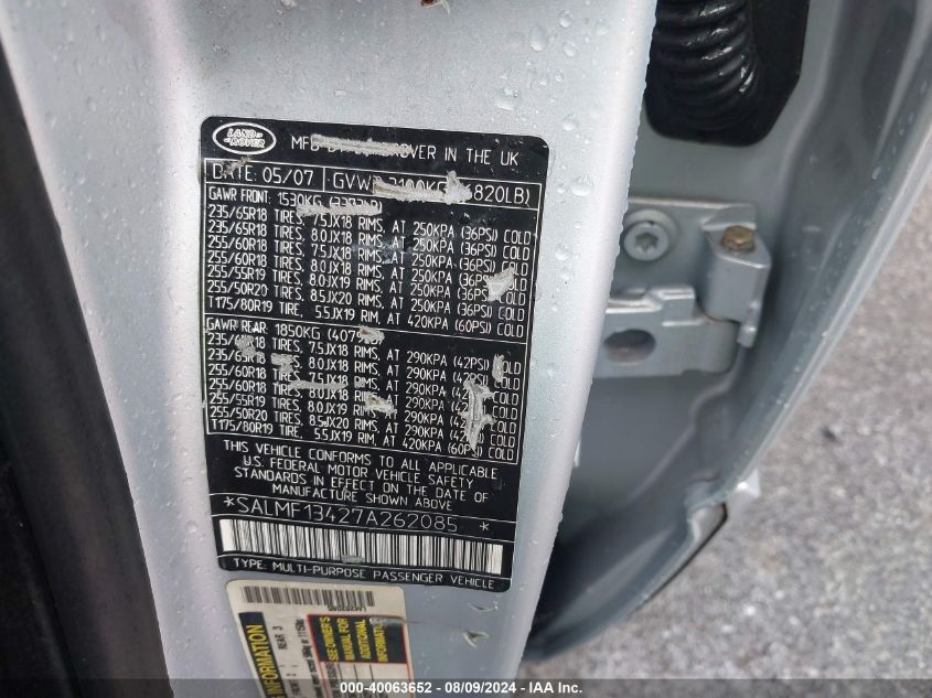 2007 Land Rover Range Rover Supercharged VIN: SALMF13427A262085 Lot: 40063652