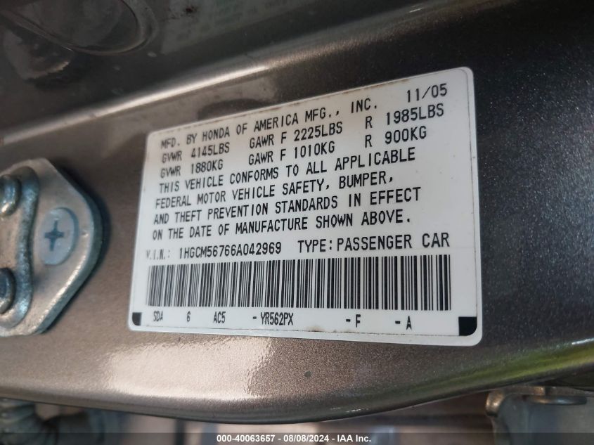 2006 Honda Accord Ex VIN: 1HGCM56766A042969 Lot: 40063657