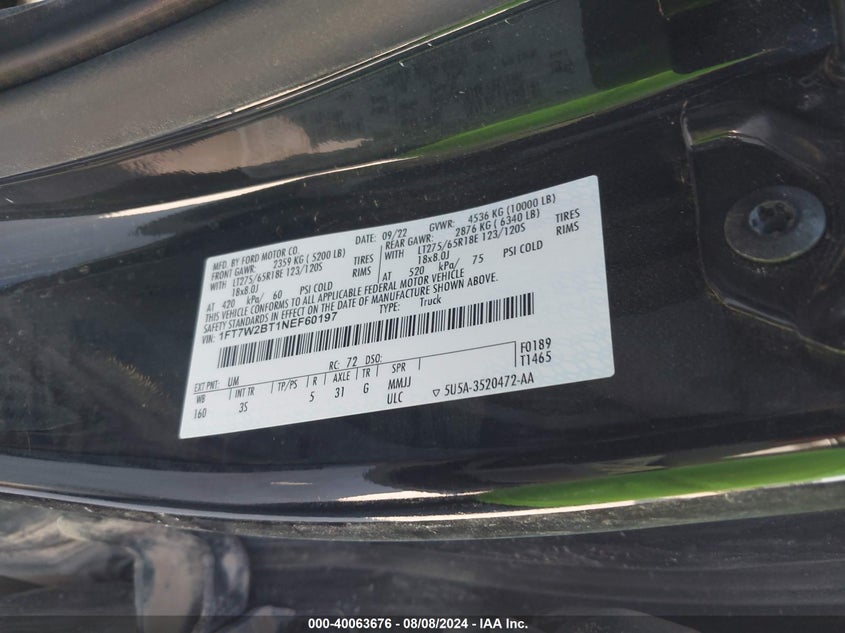 2022 Ford F250 Super Duty VIN: 1FT7W2BT1NEF60197 Lot: 40063676