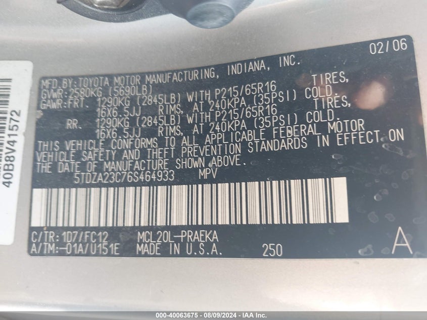 2006 Toyota Sienna Ce/Le VIN: 5TDZA23C76S464933 Lot: 40063675
