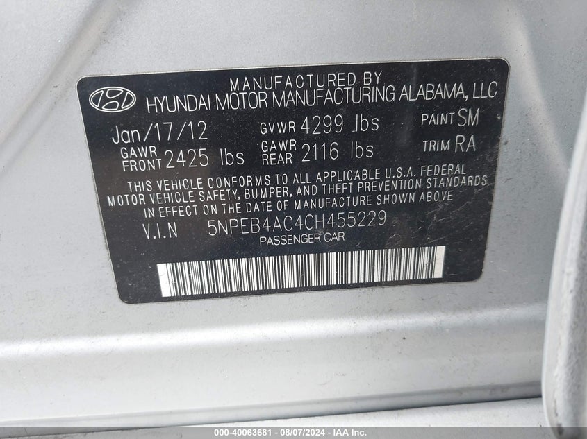 5NPEB4AC4CH455229 2012 Hyundai Sonata Gls