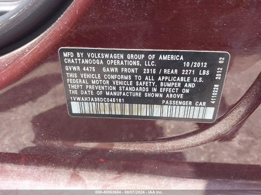 2013 Volkswagen Passat 2.5L S VIN: 1VWAH7A35DC045161 Lot: 40063684