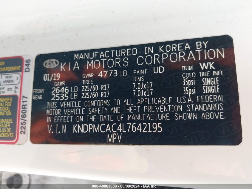 KNDPMCAC4L7642195 2020 Kia Sportage Lx