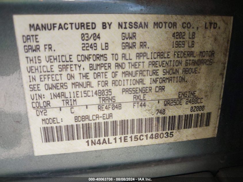 2005 Nissan Altima 2.5 S VIN: 1N4AL11E15C148035 Lot: 40063708