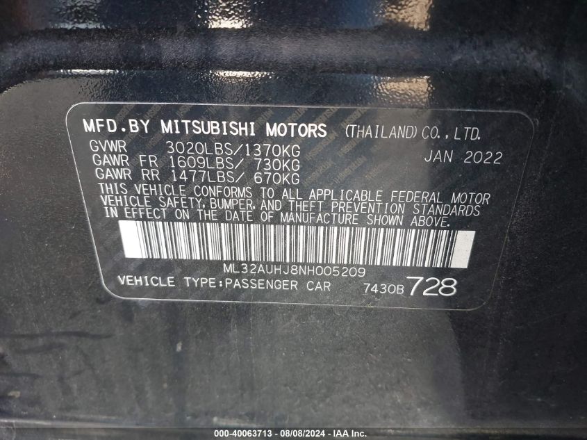 2022 Mitsubishi Mirage Es/Le VIN: ML32AUHJ8NH005209 Lot: 40063713