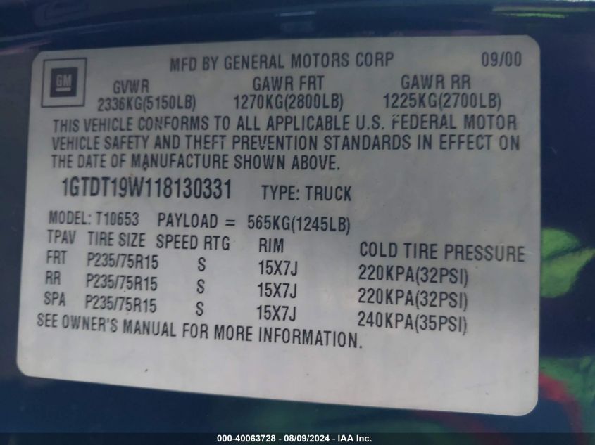 2001 GMC Sonoma Sls VIN: 1GTDT19W118130331 Lot: 40063728