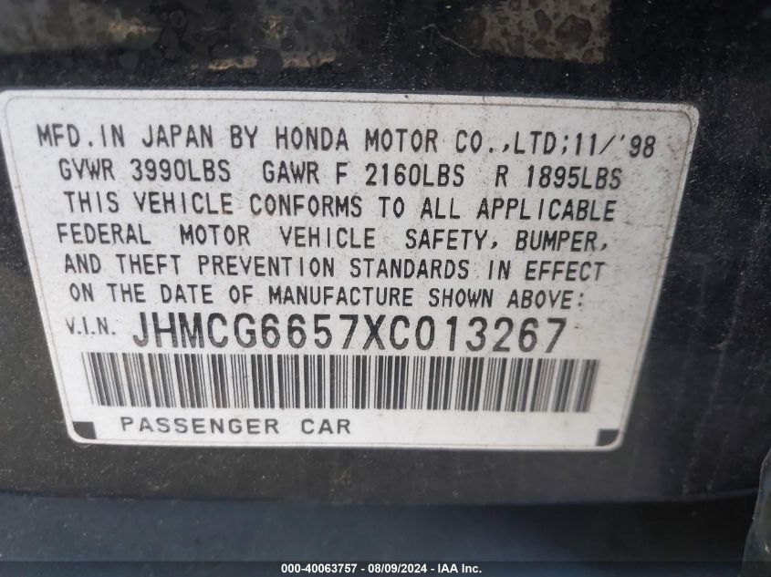 1999 Honda Accord Lx VIN: JHMCG6657XC013267 Lot: 40063757