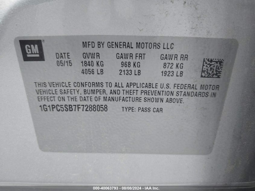 2015 Chevrolet Cruze Lt VIN: 1G1PC5SB7F7288058 Lot: 40063793