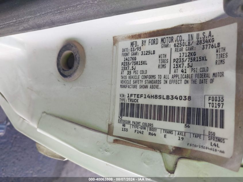 1995 Ford F150 VIN: 1FTEF14H8SLB34038 Lot: 40063809