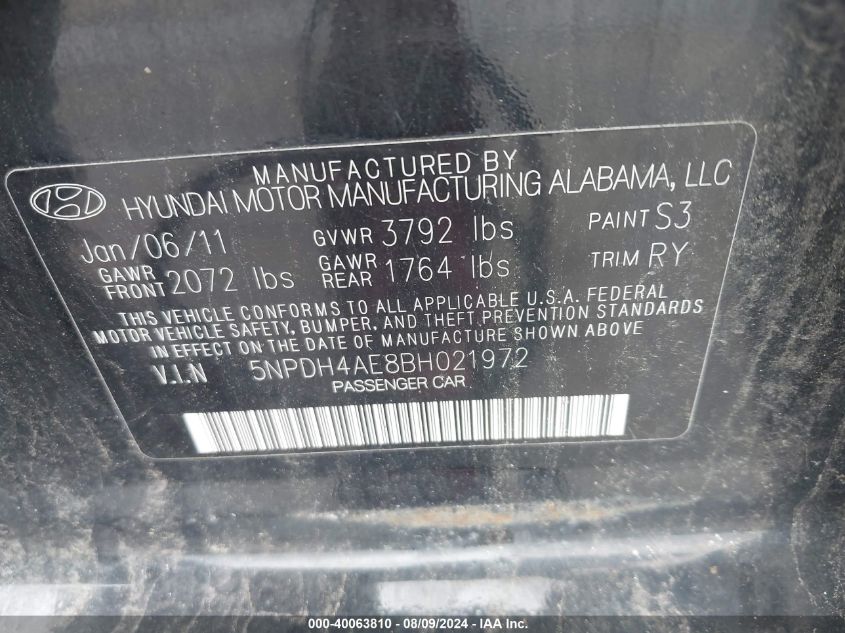 2011 Hyundai Elantra Limited VIN: 5NPDH4AE8BH021972 Lot: 40063810