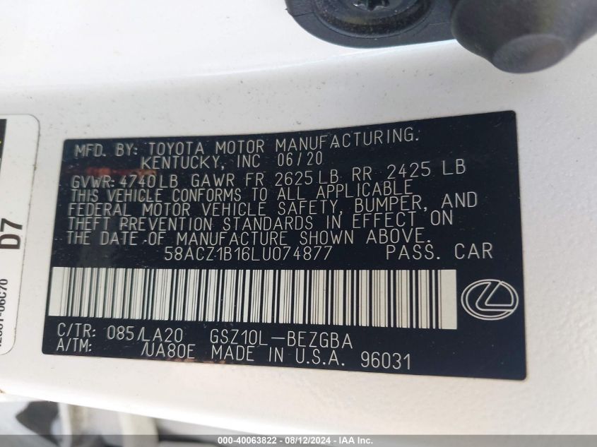 58ACZ1B16LU074877 2020 Lexus Es 350