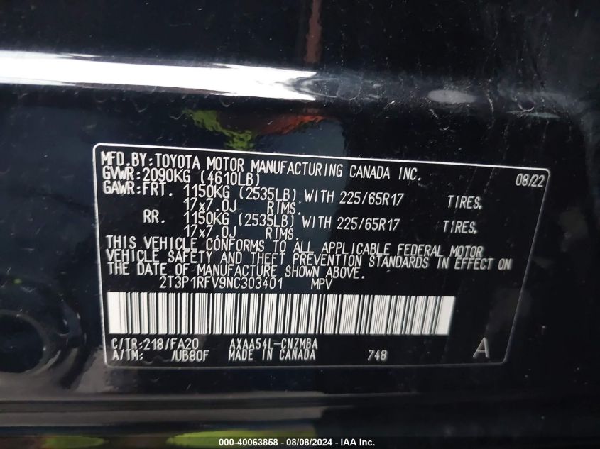 2022 Toyota Rav4 Xle/Xle Premium VIN: 2T3P1RFV9NC303401 Lot: 40063858