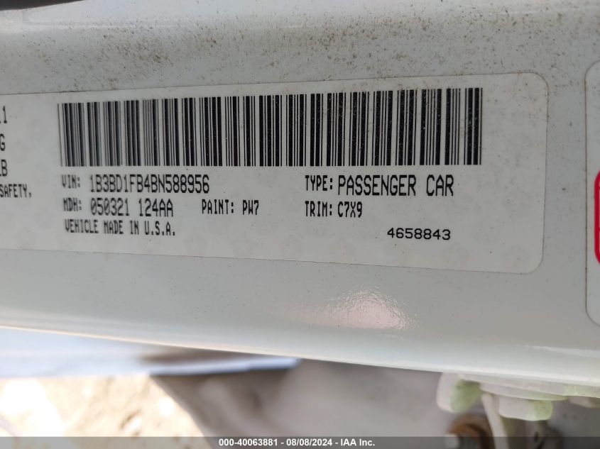 2011 Dodge Avenger Mainstreet VIN: 1B3BD1FB4BN588956 Lot: 40063881