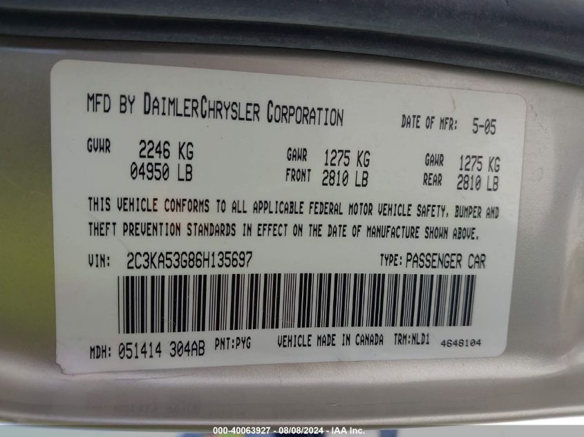 2006 Chrysler 300 Touring VIN: 2C3KA53G86H135697 Lot: 40063927