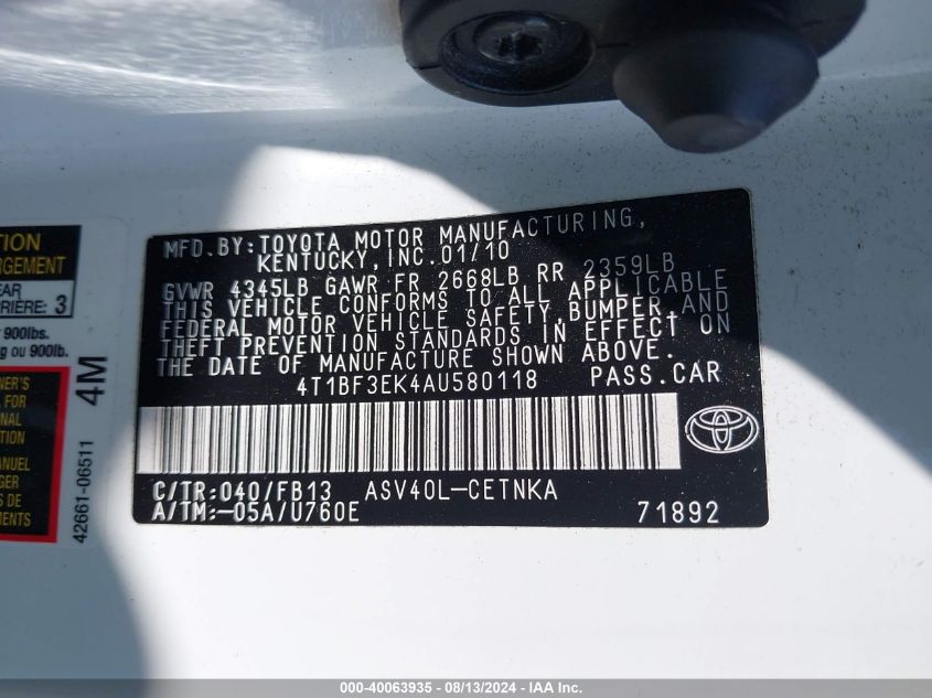 2010 Toyota Camry Le VIN: 4T1BF3EK4AU580118 Lot: 40937464