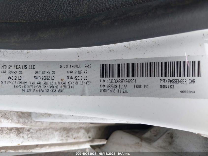 2015 Chrysler 200 Limited VIN: 1C3CCCAB9FN742354 Lot: 40063938