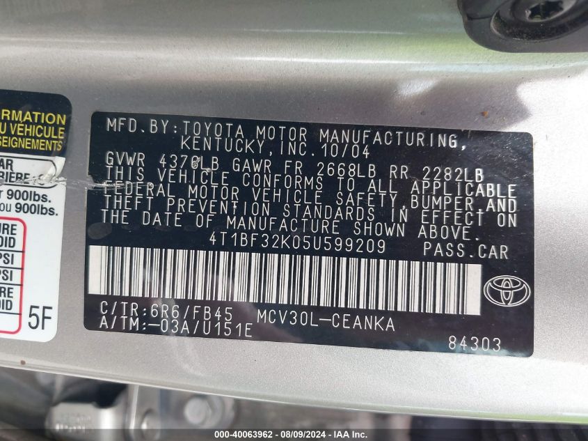 2005 Toyota Camry Le/Xle/Se VIN: 4T1BF32K05U599209 Lot: 40063962