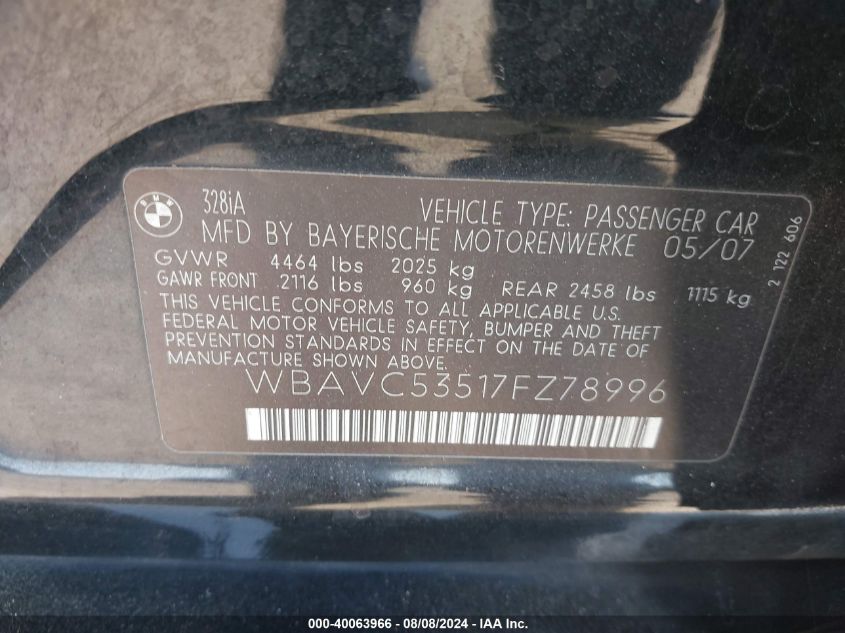 2007 BMW 328I VIN: WBAVC53517FZ78996 Lot: 40063966