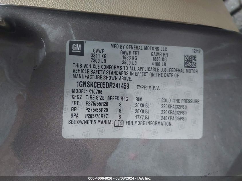 2013 Chevrolet Tahoe Ltz VIN: 1GNSKCE05DR241459 Lot: 40064026