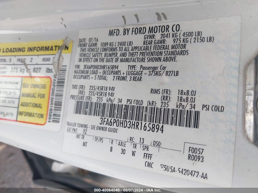 2017 Ford Fusion Se VIN: 3FA6P0HD3HR165894 Lot: 40064040