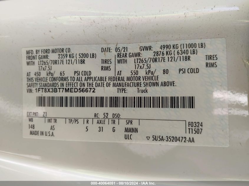 2021 Ford F-350 Xl VIN: 1FT8X3BT7MED56672 Lot: 40064051