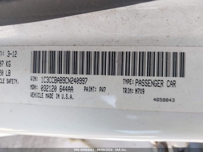 2012 Chrysler 200 Lx VIN: 1C3CCBAB9CN240997 Lot: 40064062