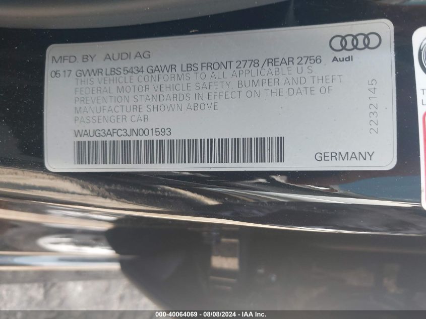 2018 Audi A6 3.0T Premium VIN: WAUG3AFC3JN001593 Lot: 40064069