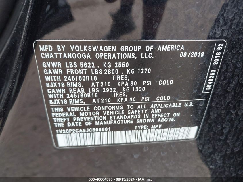 1V2CP2CA8JC596661 2018 Volkswagen Atlas 2.0T Se