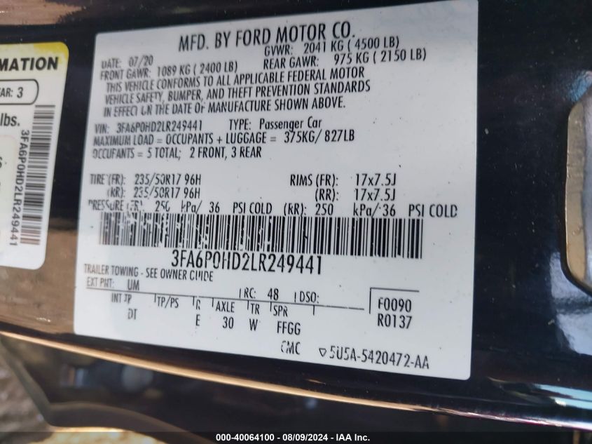 2020 Ford Fusion Se VIN: 3FA6P0HD2LR249441 Lot: 40064100