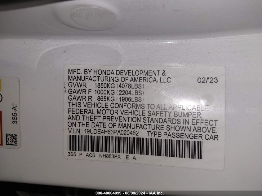 2023 Acura Integra A-Spec W/ Technology VIN: 19UDE4H63PA020462 Lot: 40064099