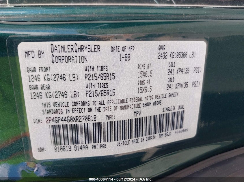 1999 Plymouth Grand Voyager Se VIN: 2P4GP44G0XR270818 Lot: 40064114