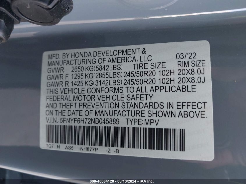 2022 Honda Pilot Awd Black Edition VIN: 5FNYF6H72NB045889 Lot: 40064128