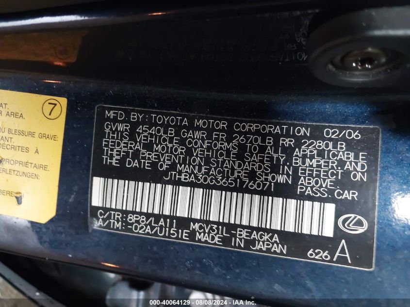 2006 Lexus Es 330 330 VIN: JTHBA30G365176071 Lot: 40064129