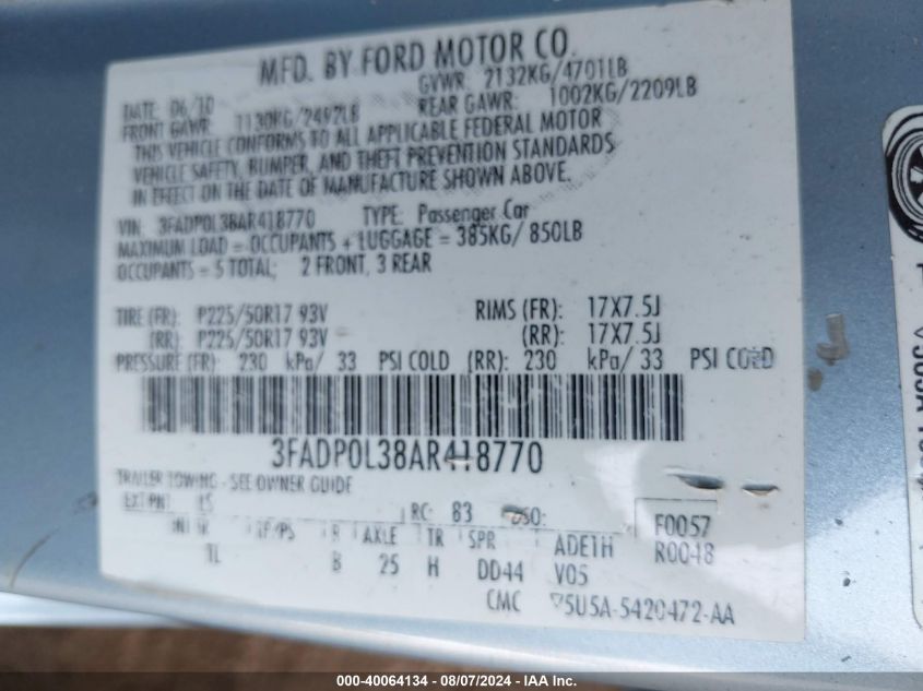2010 Ford Fusion Hybrid VIN: 3FADP0L38AR418770 Lot: 40064134