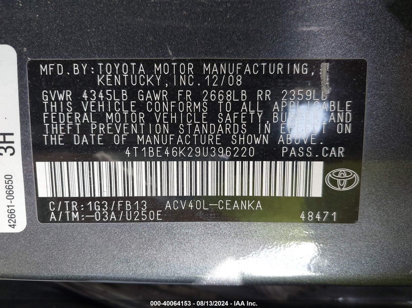 2009 Toyota Camry Le VIN: 4T1BE46K29U396220 Lot: 40064153
