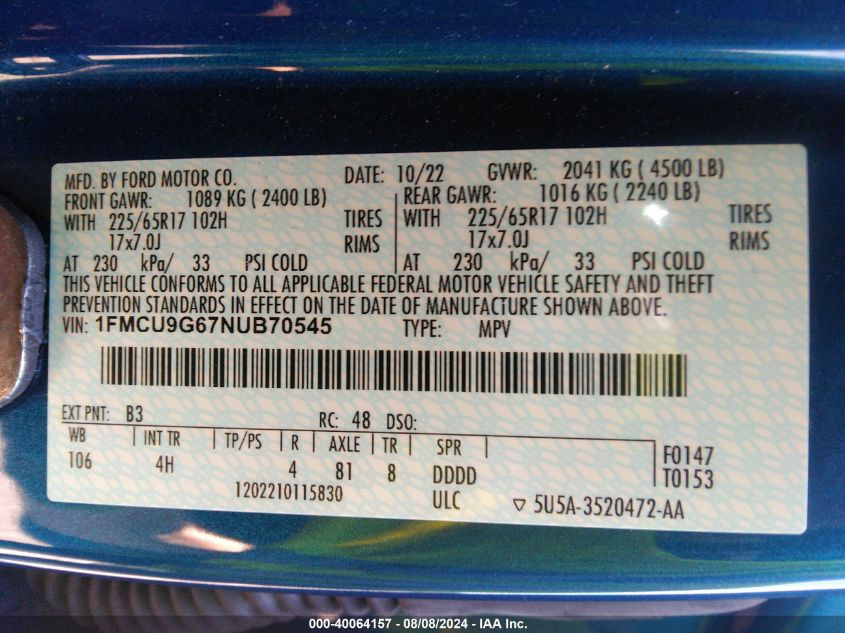 2022 Ford Escape Se VIN: 1FMCU9G67NUB70545 Lot: 40064157