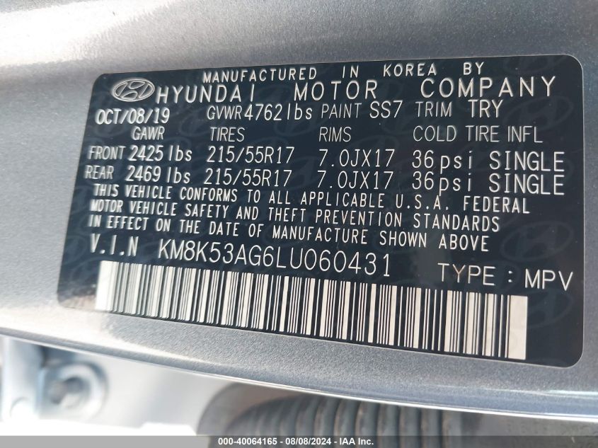 2020 Hyundai Kona Electric Ultimate VIN: KM8K53AG6LU060431 Lot: 40064165