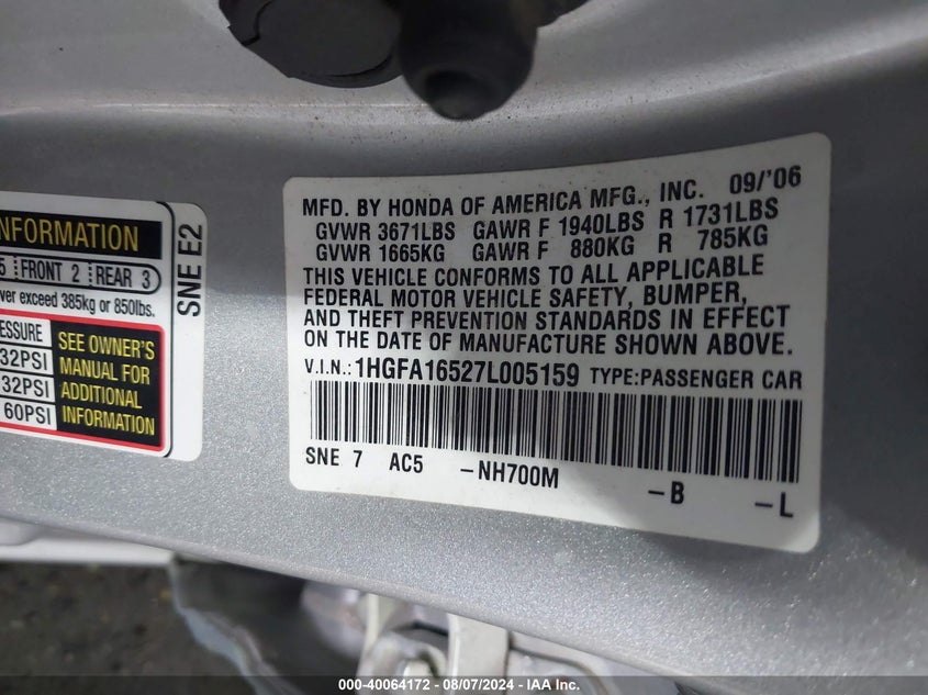 2007 Honda Civic Lx VIN: 1HGFA16527L005159 Lot: 40064172