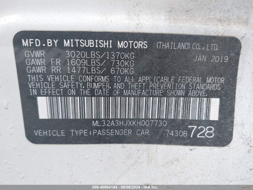 2019 Mitsubishi Mirage Rf VIN: ML32A3HJXKH007730 Lot: 40064184