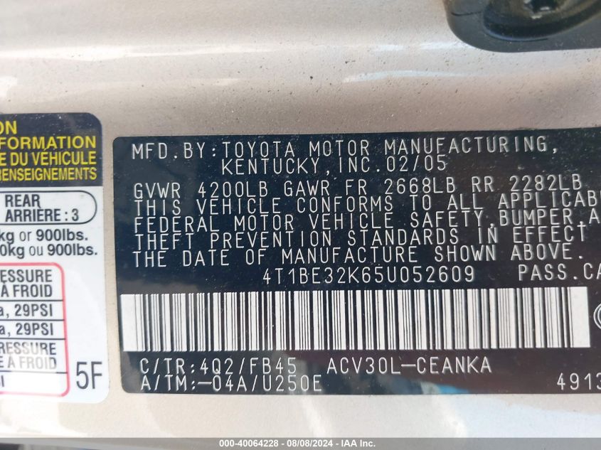 2005 Toyota Camry Le VIN: 4T1BE32K65U052609 Lot: 40064228
