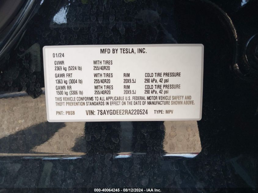 2024 TESLA MODEL Y - 7SAYGDEE2RA220524