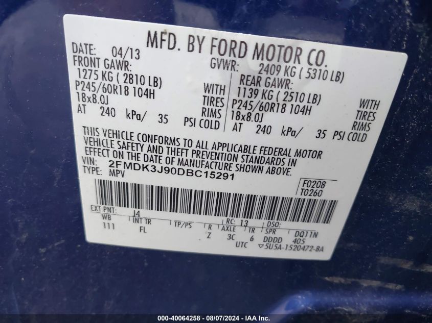 2013 Ford Edge Sel VIN: 2FMDK3J90DBC15291 Lot: 40064258