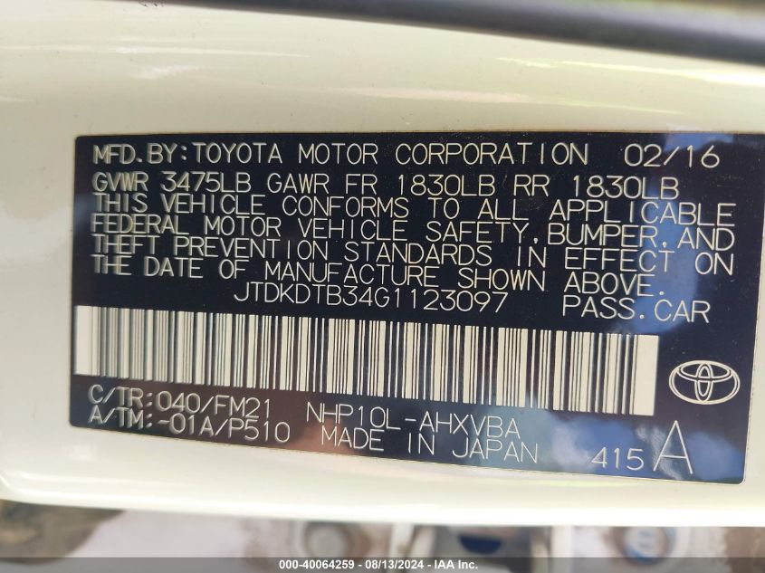 JTDKDTB34G1123097 2016 Toyota Prius C Two