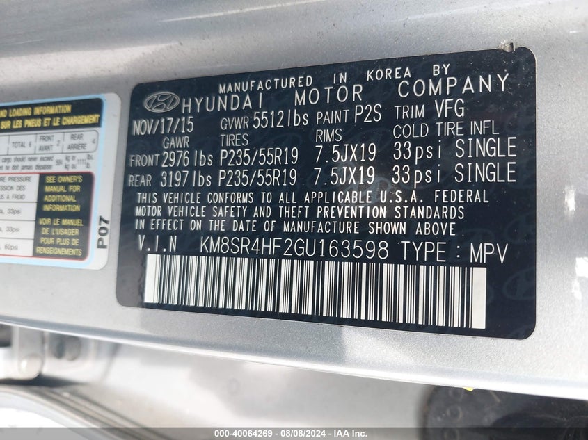 2016 Hyundai Santa Fe Limited VIN: KM8SR4HF2GU163598 Lot: 40064269