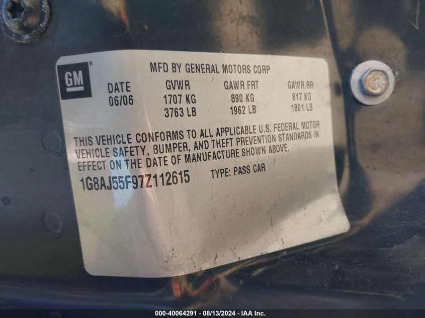 2007 Saturn Ion 2 VIN: 1G8AJ55F97Z112615 Lot: 40064291